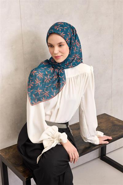 Pamuk Polyester Soft Eşarp Turuncu Flora Desenli Kaymaz Dokulu 90x90