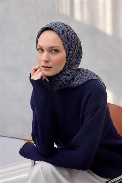 Pamuk Polyester Soft Eşarp Geometrik Desen Koyu Krem 90x90