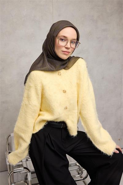 Pamuk Polyester Soft Eşarp Kına Yeşili Geometrik Desenli Kaymaz Tok Duruşlu 90x90