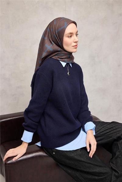 Pamuk Polyester Soft Eşarp Açık Kahverengi Geometrik Desenli Kaymaz Dokulu Tok Duruşlu 90x90