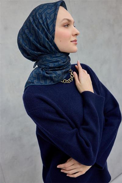 Pamuk Polyester Soft Eşarp Geometrik Desen Indigo 90x90