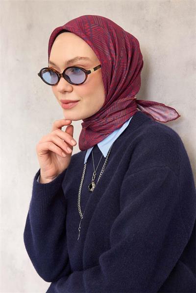 Pamuk Polyester Soft Eşarp Mor Geometrik Desenli Kaymaz Tok Duruşlu 90x90