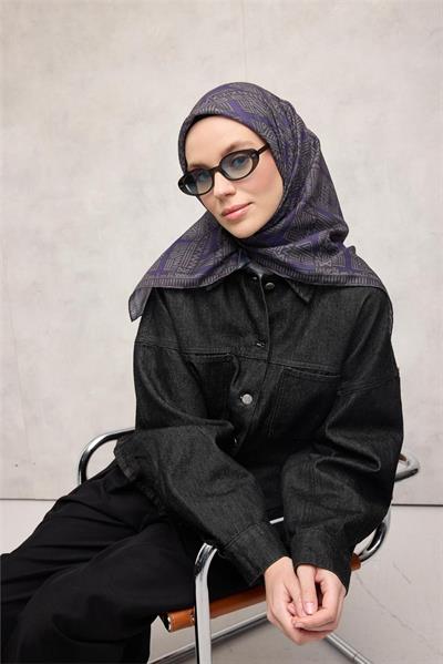 Pamuk Polyester Soft Eşarp Gri Yeşil Geometrik Desenli Kaymaz Dokulu Tok Duruşlu 90x90