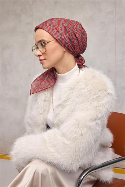 Pamuk Polyester Soft Eşarp Geometrik Desen Bej 90x90