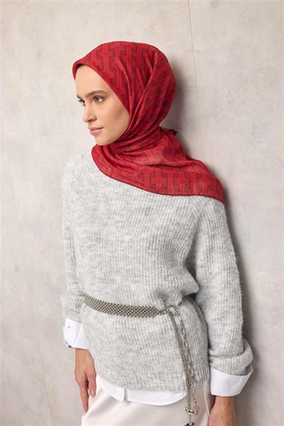 Pamuk Polyester Soft Eşarp Geometrik Desen Kırmızı 90x90