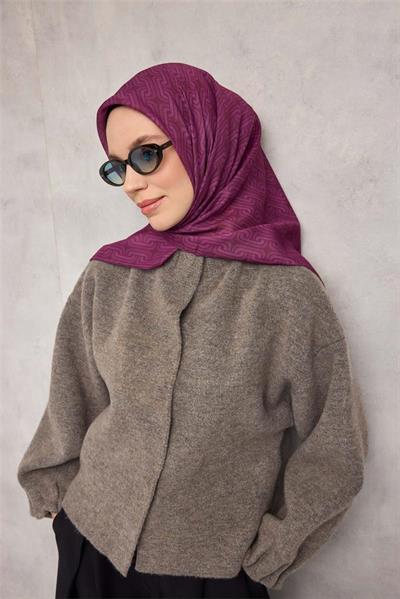 Pamuk Polyester Soft Eşarp Geometrik Desen Eflatun 90x90