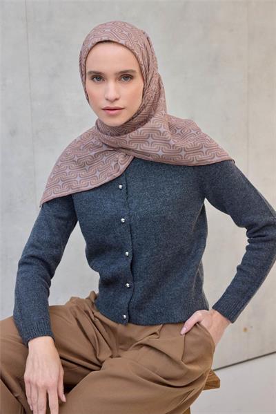Pamuk Polyester Soft Eşarp Geometrik Desen Koyu Bej 90x90