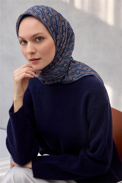 Pamuk Polyester Soft Eşarp Geometrik Desen Koyu Krem 90x90