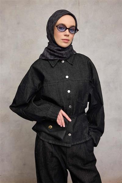 Pamuk Polyester Soft Eşarp Geometrik Desen Gece Siyahı 90x90