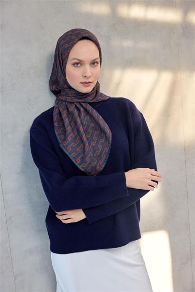 Pamuk Polyester Soft Eşarp Geometrik Desen Koyu Kiremit 90x90
