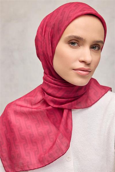 Pamuk Polyester Soft Eşarp Geometrik Desen Fuşya 90x90