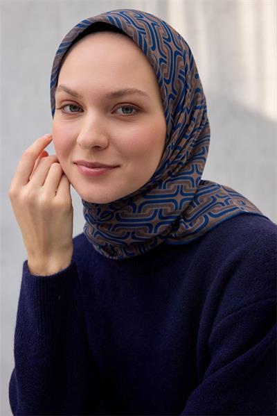 Pamuk Polyester Soft Eşarp Geometrik Desen Koyu Krem 90x90