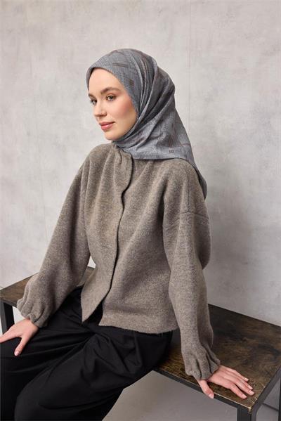 Pamuk Polyester Soft Eşarp Gri Geometrik Desenli Kaymaz Tok Duruşlu 90x90
