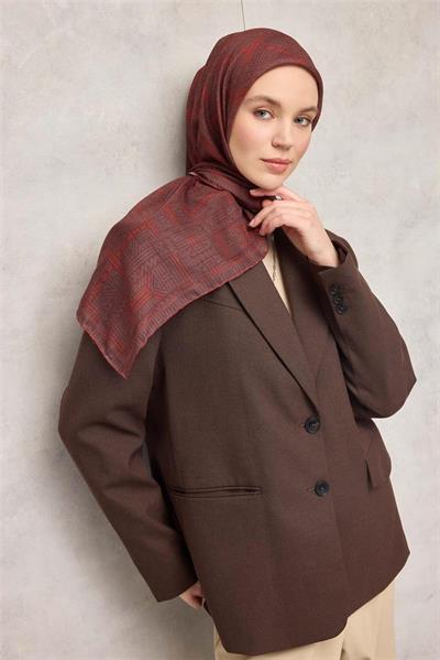 Pamuk Polyester Soft Eşarp Kiremit Geometrik Desenli Kaymaz Dokulu Tok Duruşlu 90x90