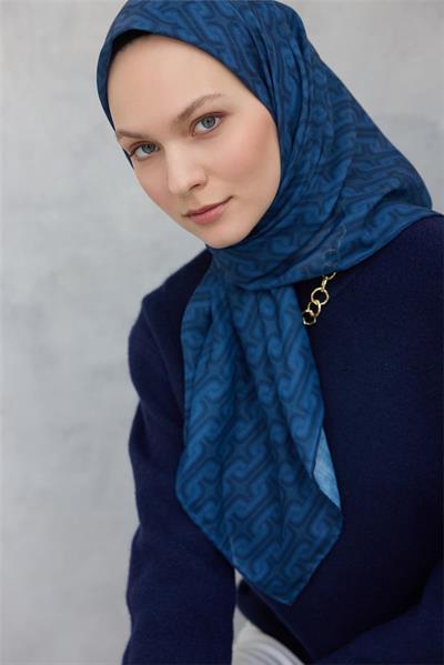Pamuk Polyester Soft Eşarp Geometrik Desen Indigo Mavi 90x90