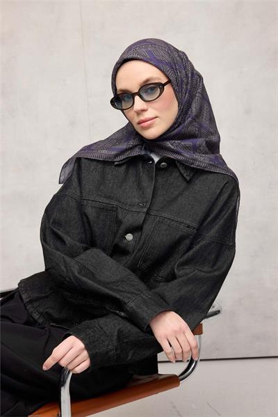 Pamuk Polyester Soft Eşarp Gri Yeşil Geometrik Desenli Kaymaz Dokulu Tok Duruşlu 90x90