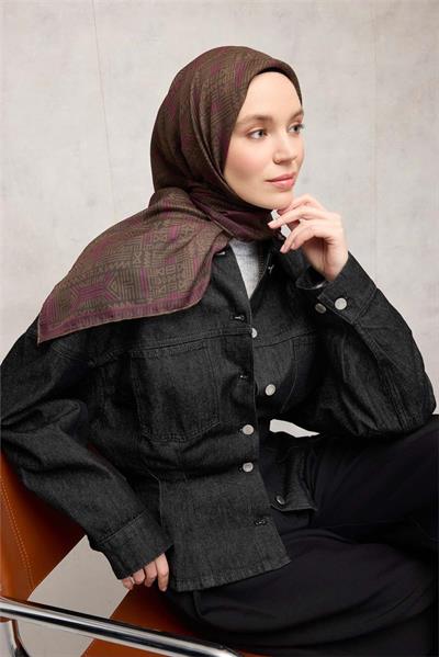 Pamuk Polyester Soft Eşarp Koyu Yeşil Geometrik Desenli Kaymaz Tok Duruşlu 90x90