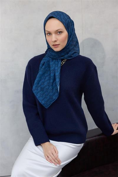 Pamuk Polyester Soft Eşarp Geometrik Desen Indigo Mavi 90x90