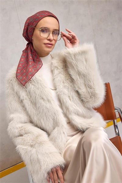 Pamuk Polyester Soft Eşarp Geometrik Desen Bej 90x90