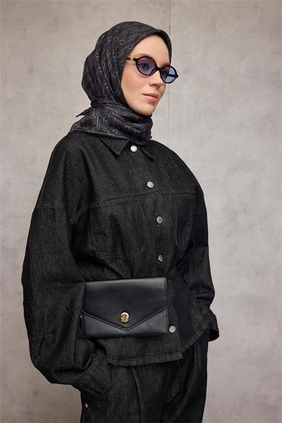 Pamuk Polyester Soft Eşarp Geometrik Desen Gece Siyahı 90x90