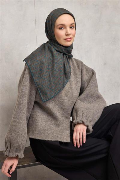 Pamuk Polyester Soft Eşarp Geometrik Desen Petrol Yeşili 90x90