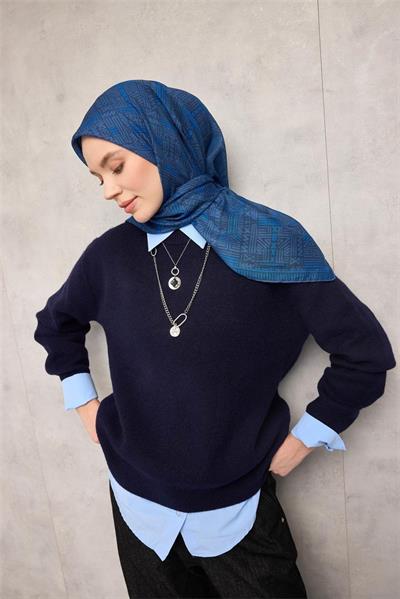 Pamuk Polyester Soft Eşarp Gri Mavi Geometrik Desenli Kaymaz Tok Duruşlu 90x90