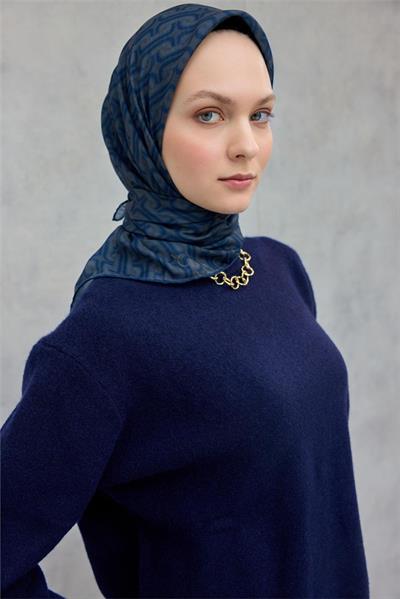 Pamuk Polyester Soft Eşarp Geometrik Desen Indigo 90x90