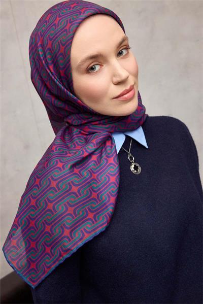 Pamuk Polyester Soft Eşarp Geometrik Desen Violet 90x90
