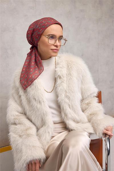 Pamuk Polyester Soft Eşarp Geometrik Desen Bej 90x90