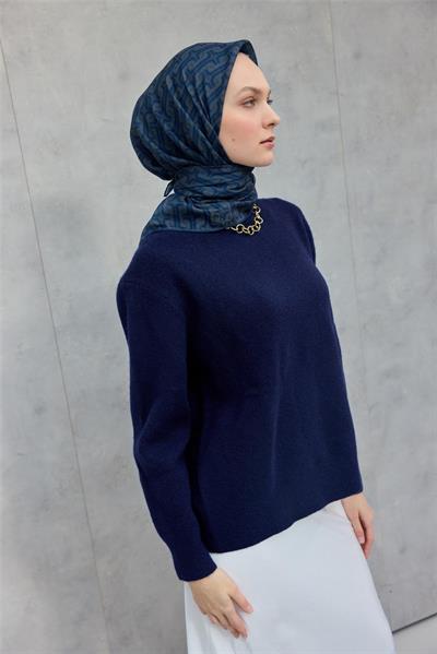 Pamuk Polyester Soft Eşarp Geometrik Desen Indigo 90x90