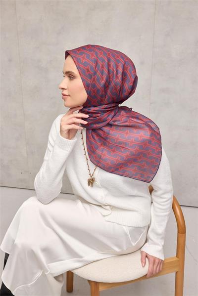 Pamuk Polyester Soft Eşarp Geometrik Desen Kiremit 90x90