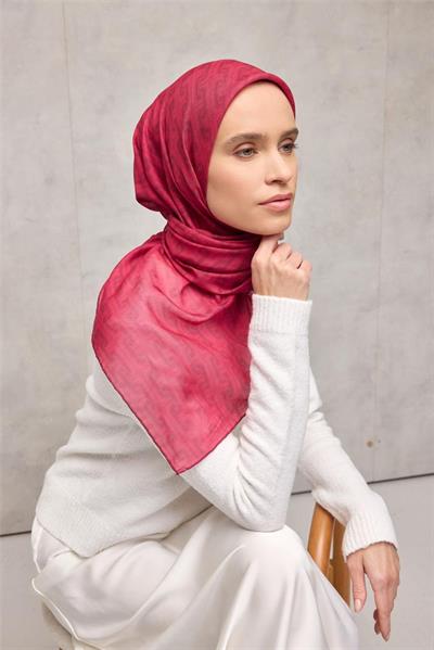 Pamuk Polyester Soft Eşarp Geometrik Desen Fuşya 90x90
