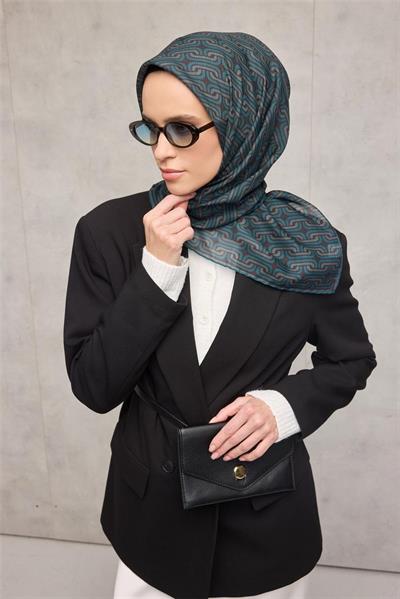 Pamuk Polyester Soft Eşarp Geometrik Desen Dumanlı Siyah 90x90