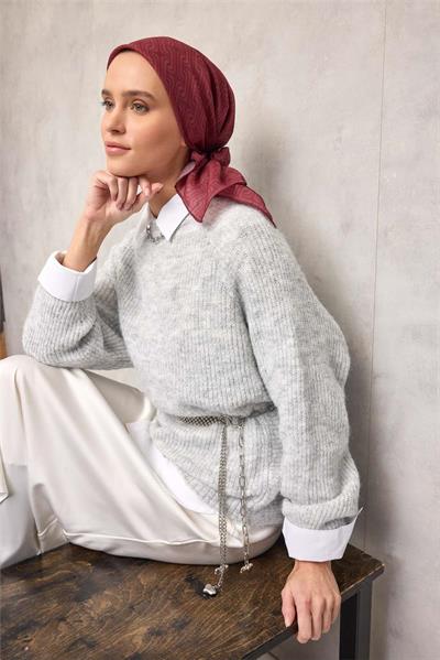 Pamuk Polyester Soft Eşarp Geometrik Desen Mürdüm 90x90