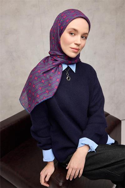 Pamuk Polyester Soft Eşarp Geometrik Desen Violet 90x90