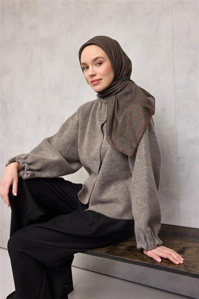 Pamuk Polyester Soft Eşarp Geometrik Desen Taba  90x90
