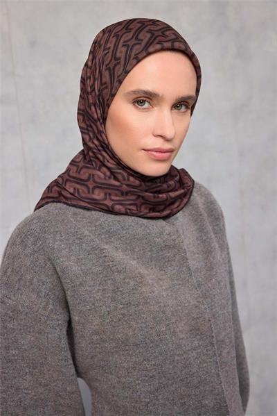 Pamuk Polyester Soft Eşarp Geometrik Desen Tarçın Kahve 90x90
