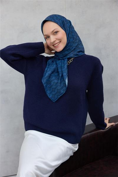 Pamuk Polyester Soft Eşarp Geometrik Desen Indigo Mavi 90x90