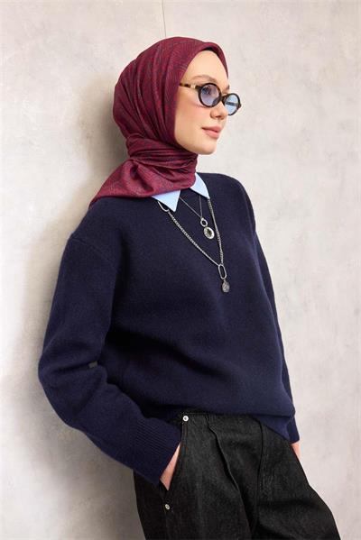 Pamuk Polyester Soft Eşarp Mor Geometrik Desenli Kaymaz Tok Duruşlu 90x90