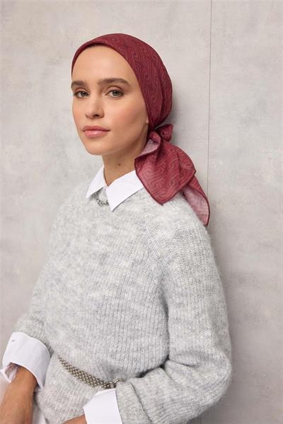 Pamuk Polyester Soft Eşarp Geometrik Desen Mürdüm 90x90
