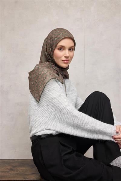 Pamuk Polyester Soft Eşarp Geometrik Desen Krem 90x90