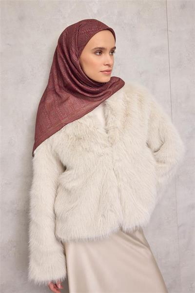 Pamuk Polyester Soft Eşarp Vişne Çürüğü Geometrik Desenli Kaymaz Tok Duruşlu 90x90