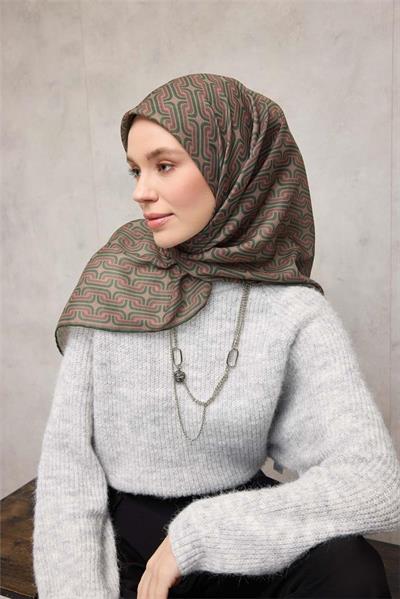 Pamuk Polyester Soft Eşarp Geometrik Desen Krem 90x90