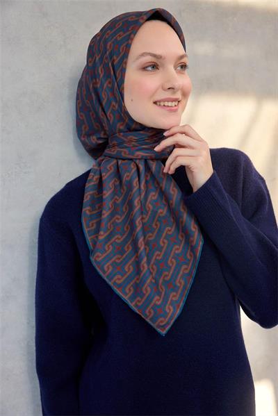 Pamuk Polyester Soft Eşarp Geometrik Desen Koyu Kiremit 90x90