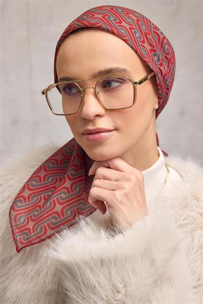 Pamuk Polyester Soft Eşarp Geometrik Desen Bej 90x90