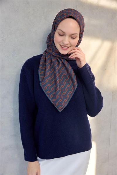Pamuk Polyester Soft Eşarp Geometrik Desen Koyu Kiremit 90x90