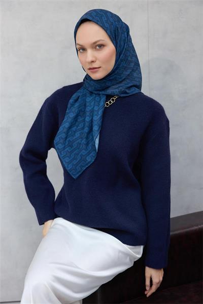 Pamuk Polyester Soft Eşarp Geometrik Desen Indigo Mavi 90x90
