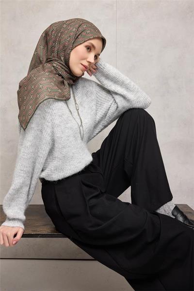 Pamuk Polyester Soft Eşarp Geometrik Desen Krem 90x90