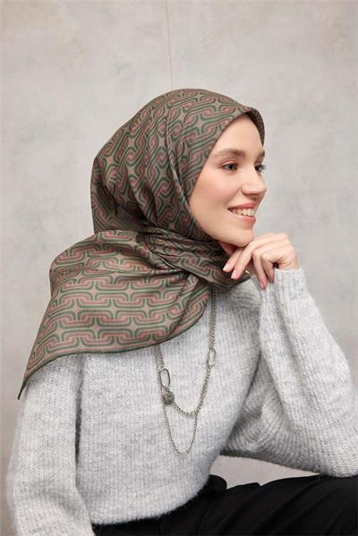 Pamuk Polyester Soft Eşarp Geometrik Desen Krem 90x90