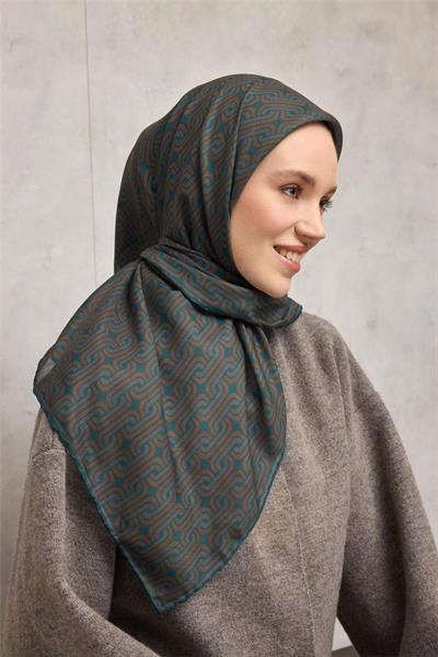 Pamuk Polyester Soft Eşarp Geometrik Desen Petrol Yeşili 90x90